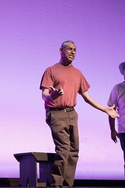 This is a photo of me performing in my show And He Became Man. A Latino disabled man questions his manhood by looking back at his life recalling major events influencing him, asking, “What is a man”. Manuel, the main character, takes the audience on his personal journey from the time when his parents migrated into the United States through his break down dealing with his brother’s death.