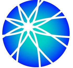 White background with a blue circle in the middle. Inside the blue circle are white lines that make a cross-cross pattern in the shape of a star