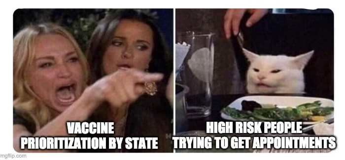 Meme showing two images: [left] a scene from the Real Housewives Bravo tv show of a blond woman with her mouth wide open and hand pointing in accusatory rage with her friend by her side, another housewife with long brown hair. Text beneath: VACCINE PRIORITIZATION BY STATE. [right] a white cat sitting at a dining table with its ears flattened in irritation. A plate of cooked green vegetables is in front of the cat. Text beneath: HIGH RISK PEOPLE TRYING TO GET APPOINTMENTS