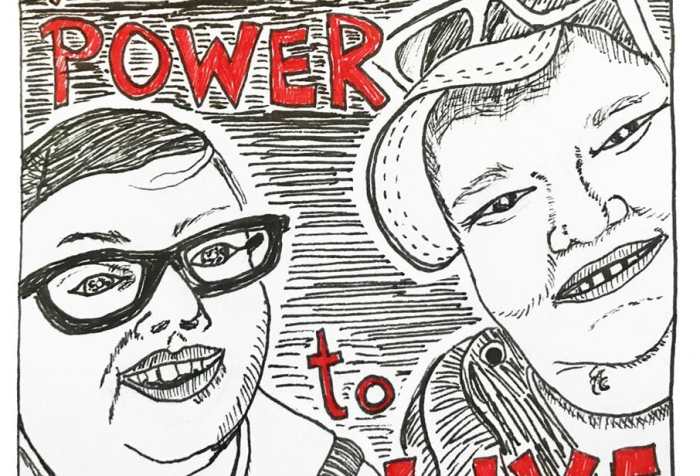 drawing by Max Airborne of themself with #DisabilityJustice activist Stacey Park, smiling & happy after getting ice cream. Red words say “we need power to live.”