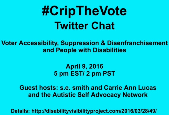 Bright aqua blue background with black text that reads: #CripTheVote Twitter Chat Voter Accessibility, Suppression & Disenfranchisement and People with Disabilities April 9, 2016 5 pm EST/ 2 pm PST Guest hosts: s.e. smith and Carrie Ann Lucas and the Autistic Self Advocacy Network Details: http://disabilityvisibilityproject.com/2016/03/28/49