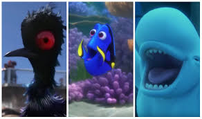 An animated scene from the Pixar film "Finding Dory." A triptych of 3 characters: Becky the loon, Dory the blue tang, and Bailey the beluga whale