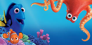 An animated scene from the Pixar film "Finding Dory." Under the ocean you see a blue tang fish, a clown fish and an octopus