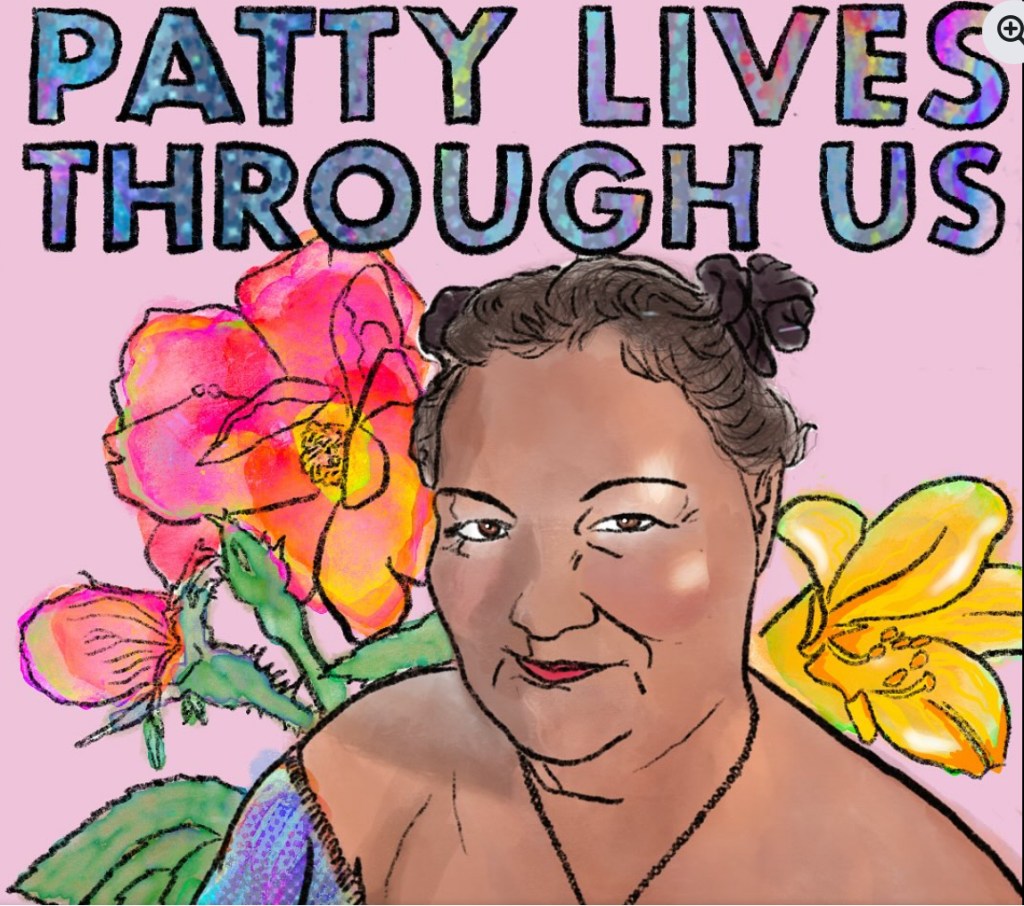 Patty Berne,a Japanese-Haitian person with light brown skin, smiles playfully with love and light shining from their brown eyes. They wear an off the shoulder opalescent blue dress and an amethyst pendant. Their brown hair is pulled back into their signature two buns. Behind Patty is a pink background with radiant red and yellow flowers. At the top of the image, iridescent capital letters spell out “PATTY LIVES THROUGH US.” On the bottom right corner is Sins Invalid’s logo, a black rectangular box with white letters that read “Sins Invalid.”