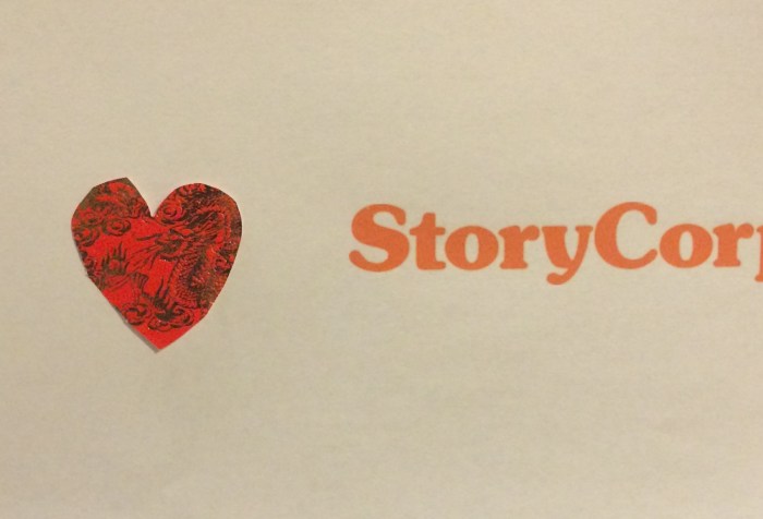 Image of a white piece of paper with the text "I [heart symbol] StoryCorps"