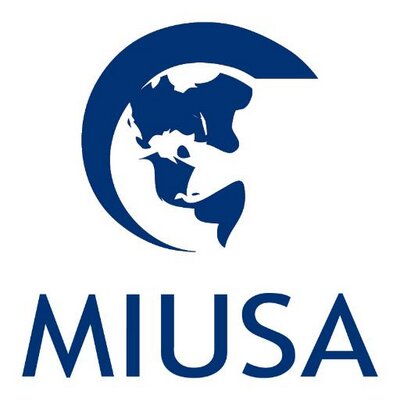 Blue logo against a white background. The image of a globe with a circular arc. Below in capital letters are: MIUSA.