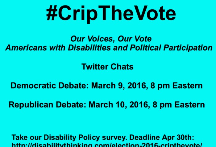 Bright aqua blue background with black text: #CripTheVote Our Voices, Our Vote Americans with Disabilities and Political Participation Twitter Chats Democratic Debate: March 9, 2016, 8 pm Eastern Republican Debate: March 10, 2016 8 pm Eastern Take our disability policy survey. Deadline April 30th: https://www.surveymonkey.com/r/QLWH79V