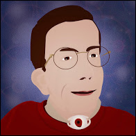 Drawing of a man with brown hair. He is wearing a red sweater and eyeglasses. The background is purple. He also has a tracheostomy