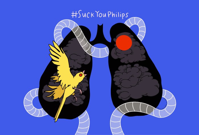 This is a graphic illustration by Haley Brown with a bright cobalt blue background. There are black lungs filled with dark gray puffy clouds. In the left lung is a yellow canary bird with a red eye in a mid-flight attack pose. In the right lung there is a red circle. Around the lungs there is clear white tubing that is entwined. Above this graphic the white text reads: #SuckYouPhilips