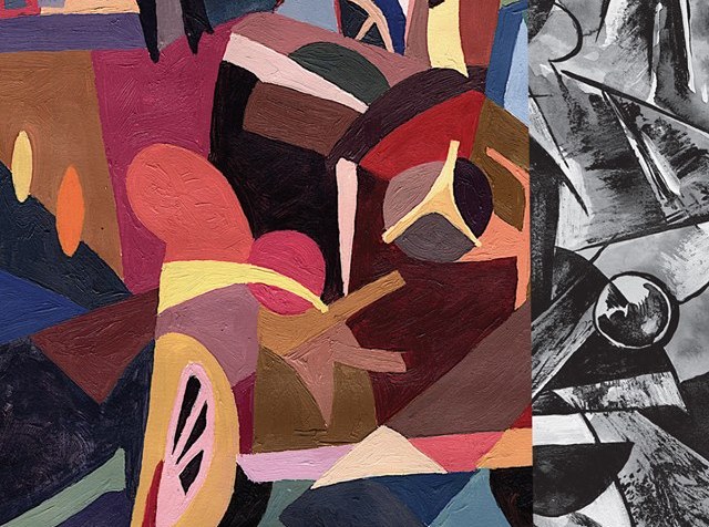 Book cover of "The Bus," a novella by Adam Pottle. At the top are the words: Winner of the 2016 Ken Klonsky awards. At the bottom is a photo showing a black asphalt road with two yellow stripes in the center with words in white text that read: The Bus Adam Pottle. Above the photo are two sets of abstract paintings with various geometric shapes depicting a bus and a bus passengers. The abstract painting on the left is in color while the one on the right is in black and white.