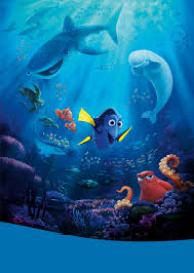 An animated scene from the Pixar film "Finding Dory." An underwater scene with wide array of diverse sea life: sea turtles, whale shark, beluga whale, blue tang, octopus, manta ray, clownfish and other small creatures.