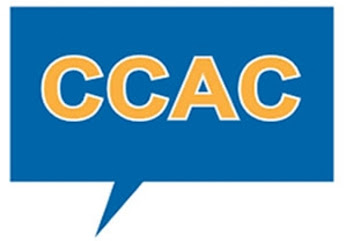 A blue image that looks like a speech bubble, the bubble shape, as if someone is speaking is blue. Inside the speech bubble are the letters: CCAC in yellow