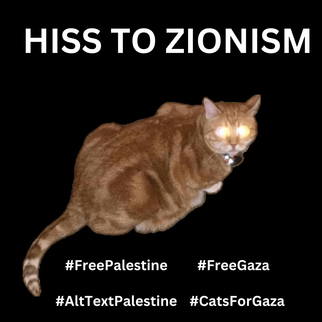Graphic with a black background with a photo of Ernie, an orange cat. His eyes are glowing demonically from a camera flash. Large text in white reads, HISS TO ZIONISM. Below are hashtags: #FreePalestine #FreeGaza #AltTextPalestine #CatsForGaza