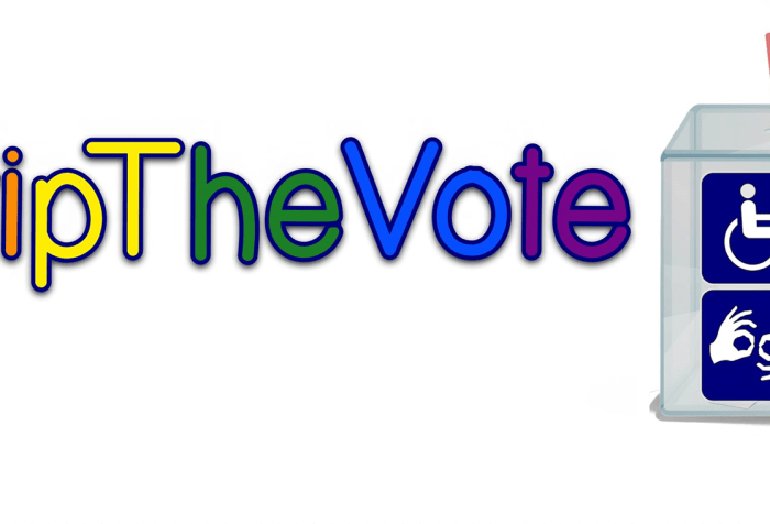 #CripTheVote hashtag in rainbow colors with different letters in red, orange, yellow, green, blue, and purple against a white background. On the right of the hashtag is an image of a ballot box.