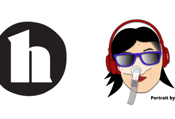 White graphic with a logo for healthline.com on the left, a large black circle with a white ‘h’ in the center. On the right, a portrait by Mike Mort featuring an Asian American woman with black hair, red lips, and red headphones over her head. She is wearing a Bi-Pap mask that covers her nose and attached to a gray tube. She is also wearing a pair of purple sunglasses. In the lower right-hand corner, “Portrait by @MikeEMort”