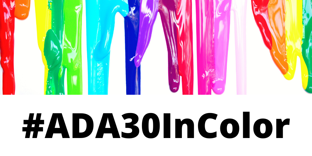 Graphic with a white background and at the top is a row of colorful paint in rainbow colors dripping down. Text in black at the bottom reads #ADA30InColor