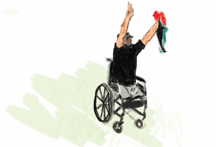 Digital sketch drawing by Kalyn Heffernan of Ibrahim Abu Thurayeh on the front lines in Gaza. Holding high a peace sign and the Palestinian flag in a wheelchair as a double amputee with no legs. Shot and killed by israeli soldiers at 29 yrs old after being shot losing both his legs for protesting