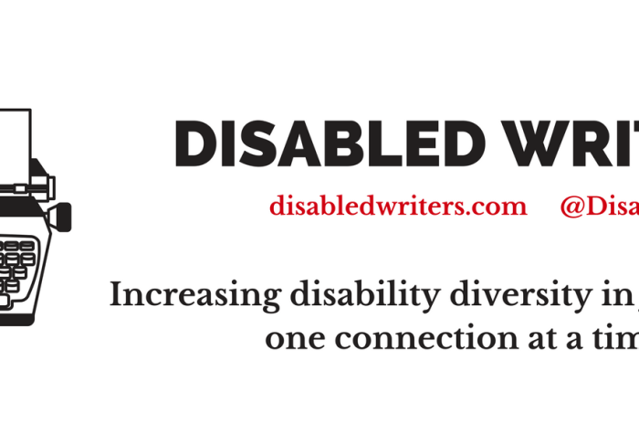graphic with a white background. On the left is an illustration of a typewriter in black. On the right side are the words: DISABLED WRITERS in black. Below in smaller font in red: disabledwriters.com @DisabledWriters. Below that in larger black font: Increasing disability in journalism one connection at a time.
