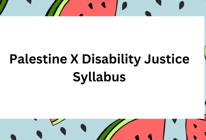 Graphic with text in the center, Palestine X Disability Justice Syllabus. There is a border with a light blue background and illustrations of pieces of watermelon are sprinkled throughout