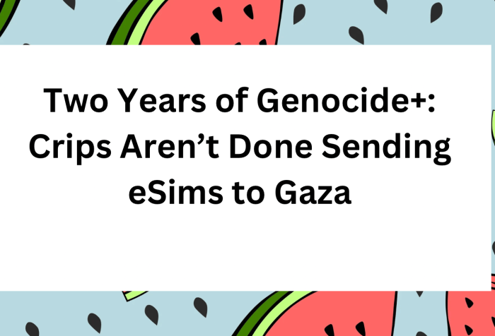 Graphic with watermelons in the border. In the center text reads, “Two Years of Genocide: Crips Aren’t Done Sending eSims to Gaza