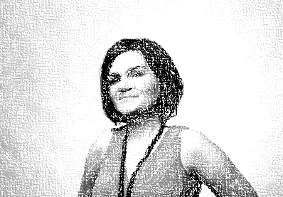 Black and white image of a white woman with dark brown hair.