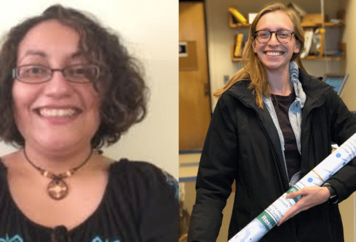 Left: Light brown Puerto Rican woman in her 30s wearing a black top. She is wearing glasses and a brown circular necklace. She is smiling and has curly shoulder-length hair. She is wearing glasses and a brown circular necklace. Right: Gabi smiling and holding a large poster in an office.