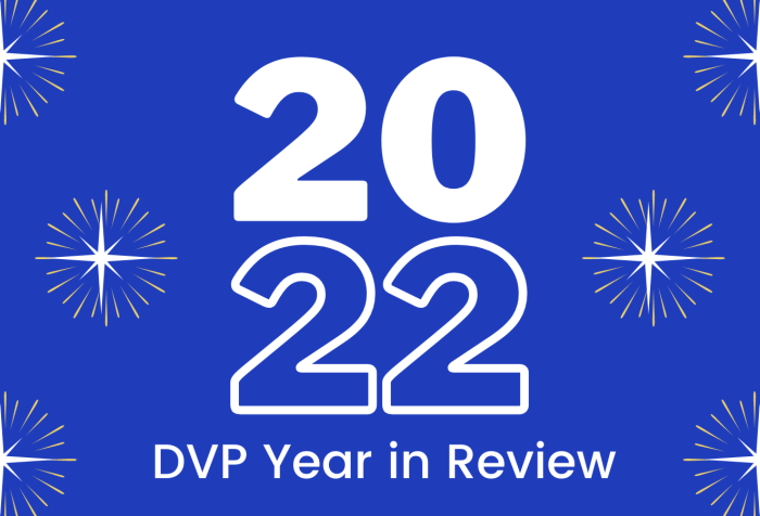 Graphic in blue with white starbursts in the background. In the center in large text is 2022 with 20 stacked on top of 22. Below in white text: DVP Year in Review