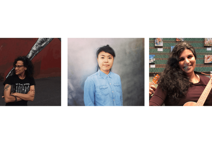 Graphic with a white background [left] Cheryl Green, a white woman with olive skin and long, dark brown, curly hair stands outside by a red wall that vanishes behind her in the distance. [middle] Portrait photo of Geraldine Ah-Sue, an Asian American woman looking directly in the camera with a slight half smile. She is wearing a light blue button-up shirt and a long earring on her right ear. [right] A photo of Sarika Mehta, a brown woman with long, curly, black hair, stands smiling while playing a ukulele. She is visibly pregnant, wearing a dark purple dress. The background shows a green wall with small paintings of flowers hanging.