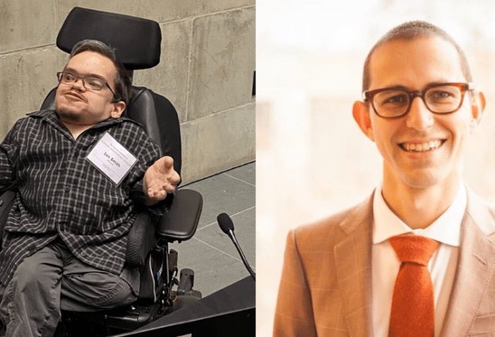 [left] Ian is a white man in his 30s sitting in a power wheelchair with oene leg crossed under the other. He's spreading his hands and grinning, one eyebrow slightly raised, like he's gesturing mid-explanation. Nearby him is a laptop and a table with microphones. [right] Sean Betouliere – a white man in his mid-30s with close-cut hair, thick-framed glasses, a brown suit, and an orange tie—smiles for the camera