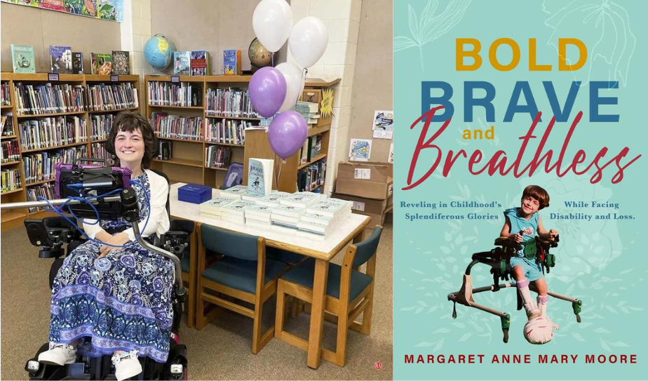 Divided picture—Bold, Brave, and Breathless book cover on the right. On left: Margaret is in a purple printed dress, white shoes and sweater. She is Caucasian and has brown bobbed hair. She is smiling while sitting in a motorized wheelchair that has a communication device (tablet) mounted on a silver bar in front of her. She is sitting in front of a table covered with copies of her book Bold, Brave, and Breathless, along with purple and white balloons floating above the books. She is in a library with full shelves of books lining the walls.