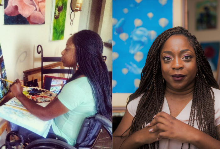 [left] Photo of Kemi Yemi-Ese, a young Nigerian American Black woman with long black braids. Kemi is painting at her easel while sitting in her manual wheelchair. The canvas is of a wooden fence and a field of bright blue-purple flowers. [right] Photo of Kemi Yemi-Ese, a young Nigerian American Black woman with long black braids. She is wearing a white short-sleeved shirt and her hands are clasped in front of her. Behind her are two canvases featuring her paintings, the one on the left is light blue painting with abstract shapes and the one on the right is a painting of an elder Black man