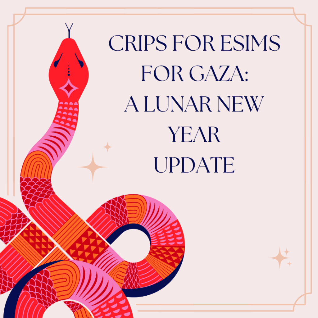 Graphic with a pale pink background with a multicolored snake on the left side with different patterns along its body. Text in the center reads, "Crips for eSIMs for Gaza: A Lunar New Year Update"