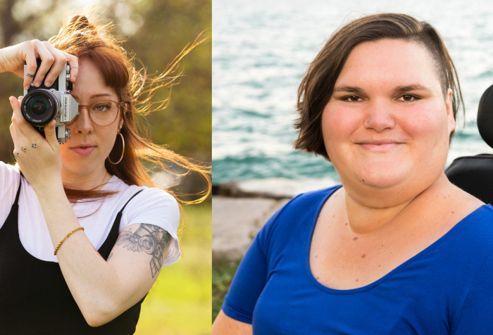 [left] A portrait photo of Marley, a young white woman with red hair, glasses, and tattoos. She stands outdoors and is holding a vintage film camera over her left eye while her right eye is open. The sun illuminates her hair as the wind blows it to the right. [right] A headshot of Kennedy, a white, fat, femme, smiling softly at the camera. She has chin length brown hair with one side shaved and is wearing a blue shirt. Her electric wheelchair and Lake Michigan are behind her. 