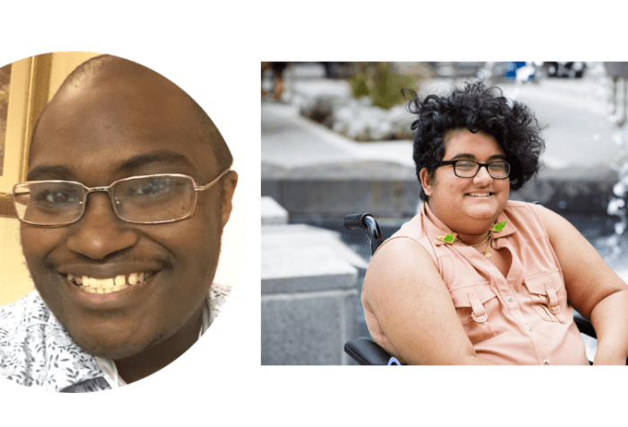 Graphic with white background and 2 photos. [Left] Photo of Finn Gardiner, a black man wearing a button-down shirt and smiling. [Right] Photo of Noor Pervez. He sits in a wheelchair in front of a fountain. He has a curly black undercut and medium golden tan skin. He wears thick glasses, and a sleeveless pink shirt with a set of budgie collar pins. Photo credit: Les Talusan photography