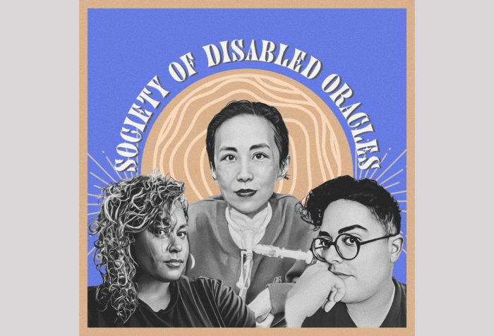 Graphic with a gray background. From left to right: Digital collage that includes Black and white photo portraits of three people staring pensively at the camera, an Afro-Latina person with medium length curly hair swept to one side of her shoulders, An Asian person smiling, she is wearing a trach at her neck and wearing a crew neck blouse. She is sitting in her power wheelchair. An Iranian person with short, dark curly hair and circular. They wear a black shirt while their hand rests on their chin. Around each persons head rests an illustrated cream colored circle crown on a purple background. Artist credit: Jen White-Johnson