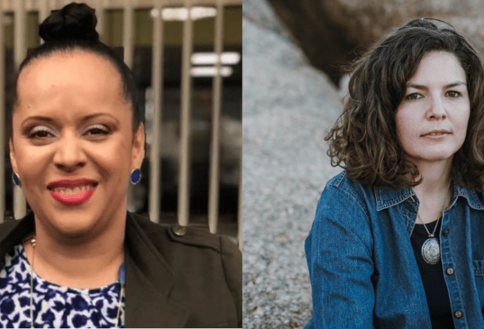 [left] Heather Watkins, a light-complected Black woman shown shoulders up wearing hair in a bun atop her head, blue button earrings, makeup with red lipstick and smiling. She is wearing olive-colored blazer and blue and white patterned blouse with long necklace of various blue-colored pendants. [right] Eliza Hull, young white woman with curly long brown hair sitting in front of large rocks wearing a blue denim shirt with a large round pendant around her neck.