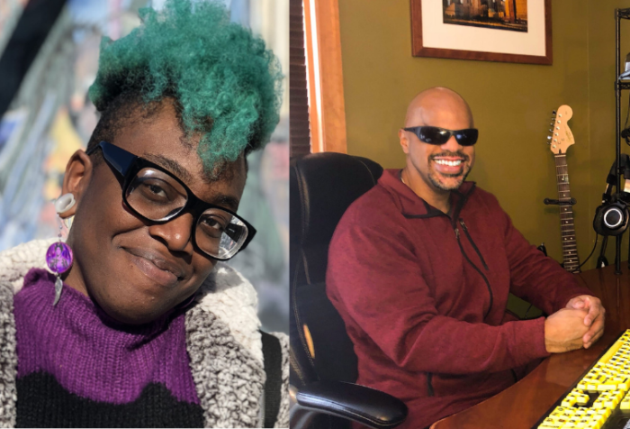 [left] a photo of Bri M, a prince wearing a purple sweater with green hair smirks at the camera. [right] a photo of Thomas Reid, an African American man with a clean shaven head and goatee in shades smiles at the camera while seated at a desk. The desk holds a laptop and other equipment including an audio mixer and microphone. A framed picture of the original World trade Center hangs on the wall above a black Fender electric guitar.