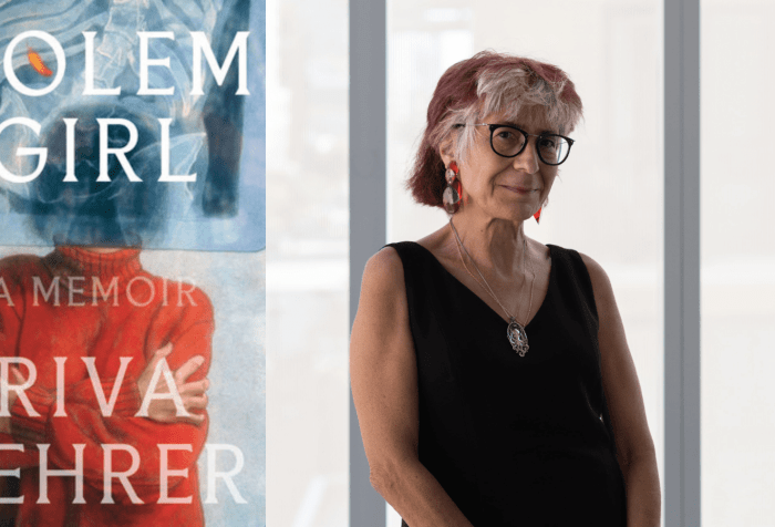 [Left] Book cover primarily in blues and reds, and it’s a detail of a larger piece of a blue self-portrait. In the full piece, you see an x-ray hanging from sort of a clothesline, and it’s an x-ray of my spine. And there are feathers falling around the x-ray. And I’m hidden, my head is hidden behind the x-ray, but you can see my body with my arms crossed in kind of a stoic, I guess, position. And for the book cover, we cropped so that it’s mainly part of that half of the x-ray and part of my body. So, it’s a close-up, but the entire image is inside the book. Below in large letters is the title of the book “Golem Girl: A Memoir,” and “Riva Lehrer.” [Right]  Artist Riva Lehrer, an older white Jewish woman with white hair streaked with red. She is standing against a translucent glass window wearing a sleeveless v-neck black tank and pants. She has a silver necklace, dangly earrings, and glasses on. Her hands are collapsed in front of her torso. Photo credit: Nathan Keay