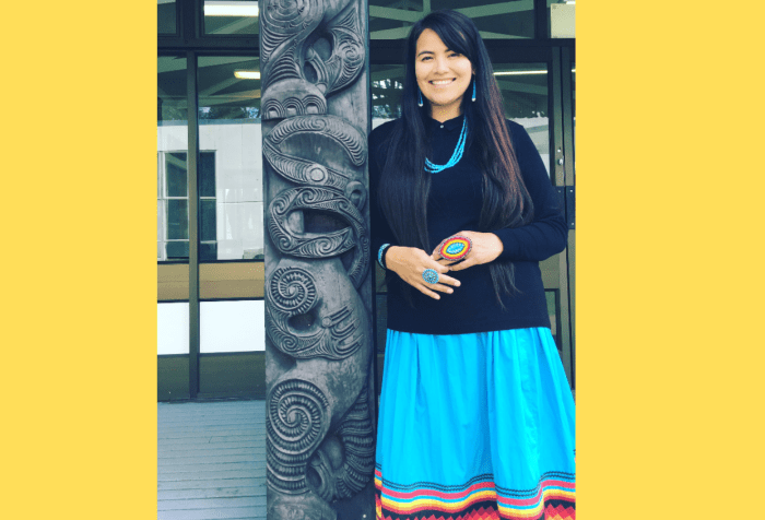 Graphic with a yellow background featuring a photo of Sandra Yellowhorse. Sandra is smiling at the camera. She is outside and next to a Māori (Indigenous to New Zealand) timber carving of a taniwha (water spirit, powerful leader). She has long brown hair and is wearing a black sweater and turquoise skirt with black, red, orange and yellow woven bands. She is wearing turquoise earrings, a turquoise necklace and a large beaded ring that matches her skirt.