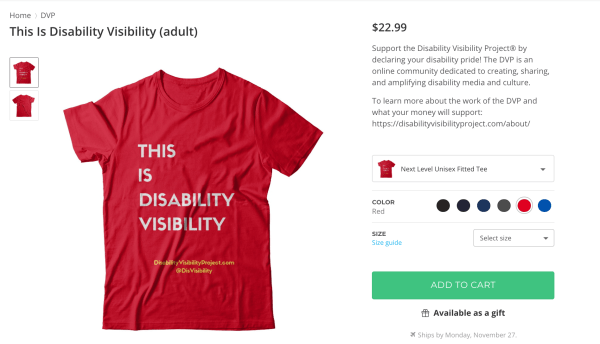 Screenshot of a red short-sleeved t-shirt that says in white text: THIS IS DISABILITY VISIBILITY. In smaller letters below: DisabilityVisibilityProject.com @DisVisibility