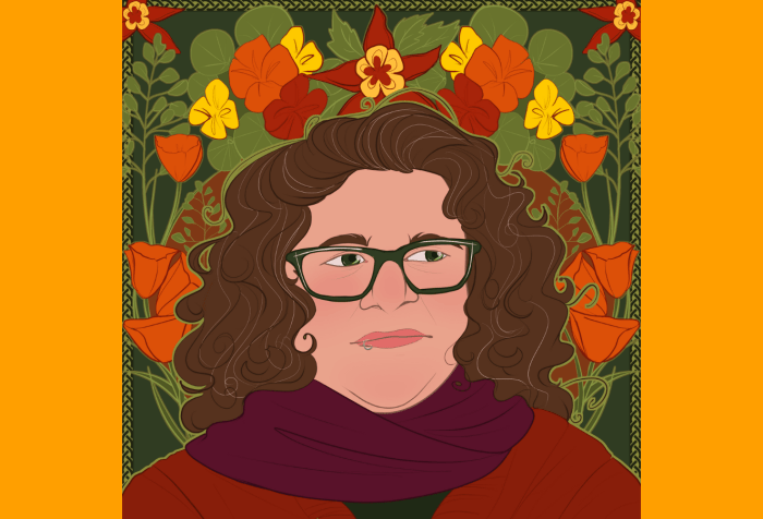 Graphic with an orange background featuring an illustration of s.e. smith, in a palette of rich oranges, reds, and greens. smith, a white person with brown curly hair, is midframe, draped in a scarf and wearing large green glasses. An arch of flowers rises behind their head, featuring nasturtiums, columbine, and California poppies. Artist credit: Michaela Oteri