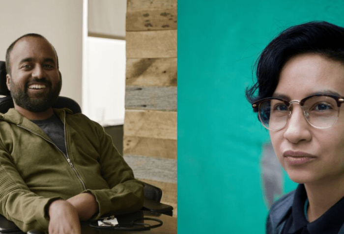 [Left] Photo of Srin Madipalli, a South Asian man with short black hair and a black beard. He is sitting in a power chair wearing an olive green hoodie. He is smiling at the camera. [Right] Image of a lightskinned Indigenous and white queer with short black hair, black-rimmed glasses, a button-up black polo, and a black pleather jacket leaning against a green wall and looking away from the camera. Image by Neha Gautam Photography.