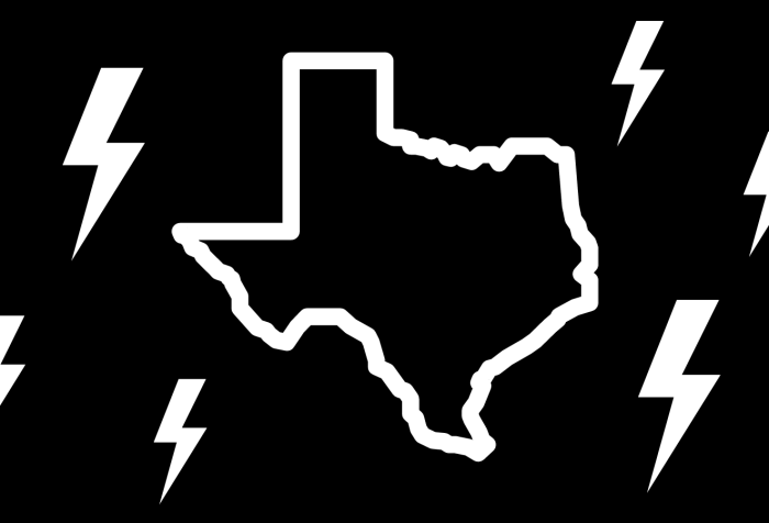 Graphic with a black background showing an outline of the state of Texas in white. Surrounding it are lightning bolts in white in various sizes.
