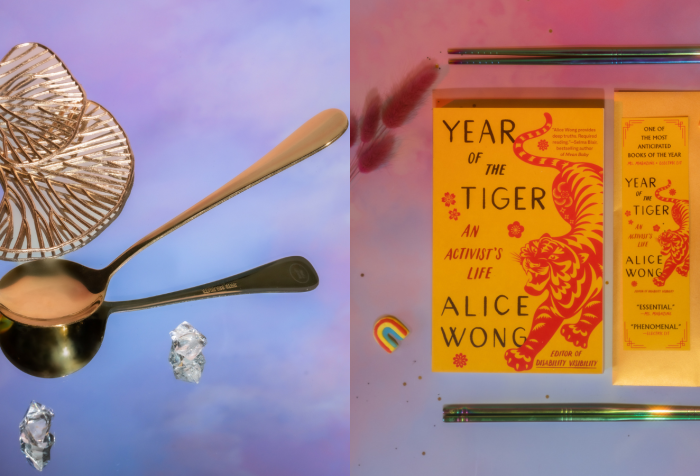Photo with a purple-pink reflective background featuring a gold dipper spoon from @umeshiso_ (on IG). On the left are gold ginkgo leaf decorations, a small rainbow, and below are two clear crystals. Photo credit: @ziru.mo (on IG). Right: Photo with a purple-pink background with a copy of Year of the Tiger paperback in the center. Above and below the book are a pair of rainbow chopsticks from @umeshiso_ (on IG). On the right of the book is a tiger bookmark and is one round tiger sticker and one round tiger button. Floral decorations and a small rainbow decor are placed around the edges. Photo credit: @ziru.mo (on IG)
